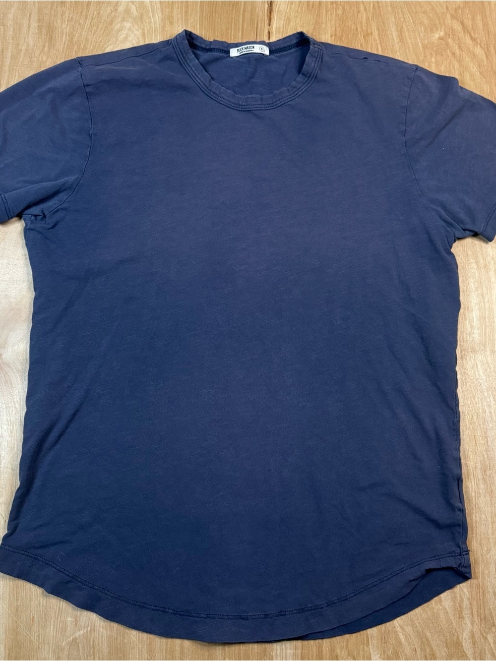 Buck Mason Mens Blue Solid Short Sleeve Crew Neck Curved Hem T-Shirt Size S